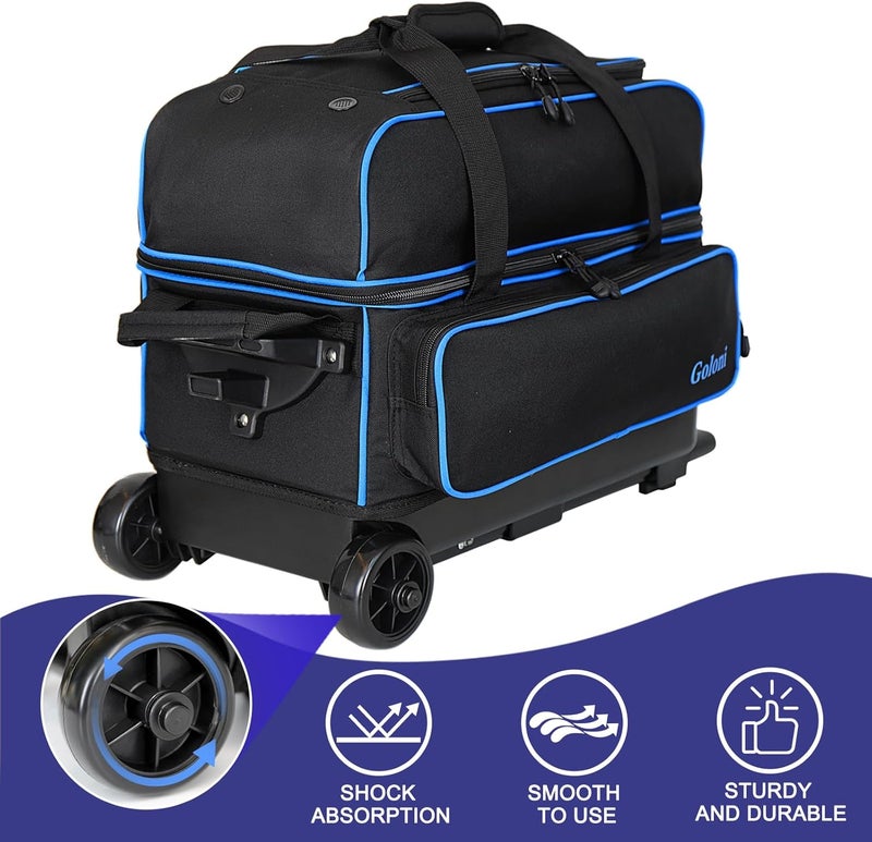 Goloni Double Roller 2 Ball Bowling Bag with Separate Shoe Compartment,2 Ball Bowling Bag with Wheels,Retractable Handle Extends to 40" - Image 3